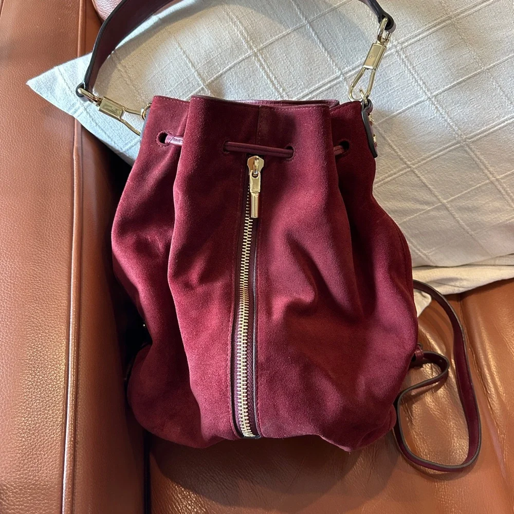 Elegant Burgundy Suede Bucket Bag - Picture 1 of 5